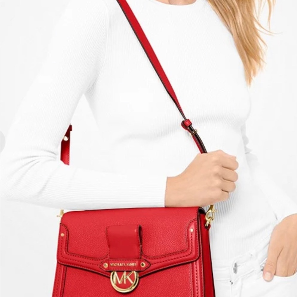 Michael Kors Jessie Bright Red Pebbled Leather Shoulder Crossbody Bag NWT - Picture 4 of 8